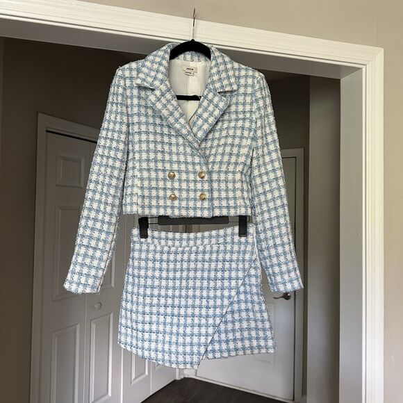 $400 SET JASON WU Boucle Tweed cropped blazer skort  Blue White Gold Button 2 - Picture 1 of 15